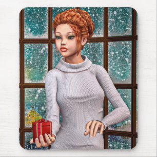 Beautiful Girl Holding a Christmas Gift Mouse Pad