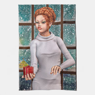 Beautiful Girl Holding a Christmas Gift Tea Towel