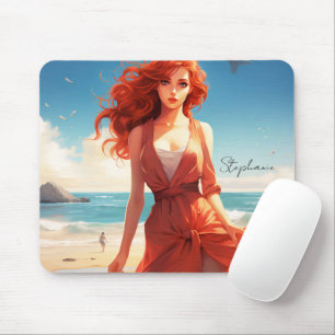 Beautiful Girl In Red At The Beach Mouse Pad