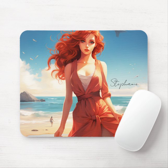 Beautiful Girl In Red At The Beach Mouse Pad (With Mouse)