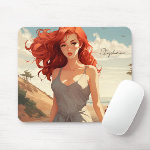 Beautiful Girl In Red At The Beach Mouse Pad