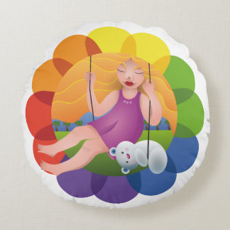 Beautiful girl in swing with its bear round cushion
