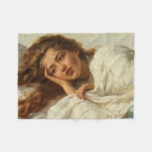 Beautiful Girl Lying in Bed With Red Hair Fleece Blanket