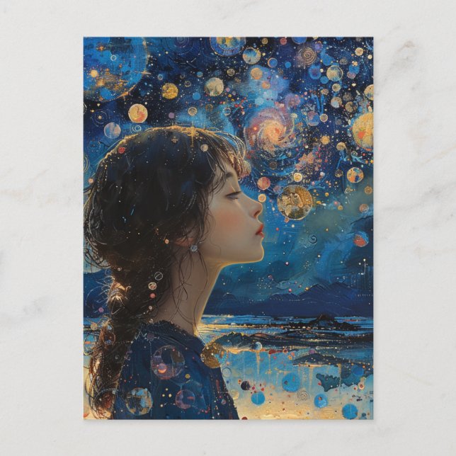 Beautiful Girl Night at the Ocean Mixed Media Postcard (Front)
