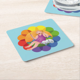 Beautiful girl on swing with her bear square paper coaster