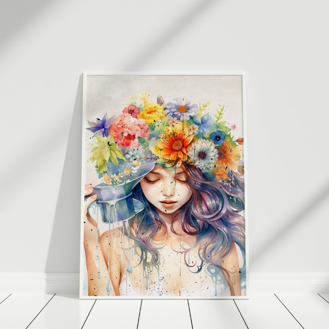 Beautiful Girl Portrait with Flowers in Her Head Poster (Beautiful Girl Portrait with Flowers in Her Head Poster in white frame against white wall.)