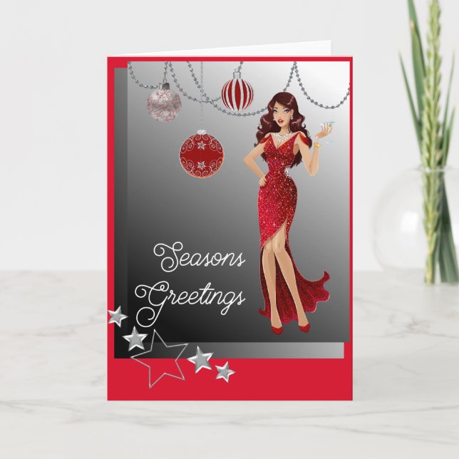 Beautiful Girl Red Evening Gown Dangling Ornaments Holiday Card (Front)