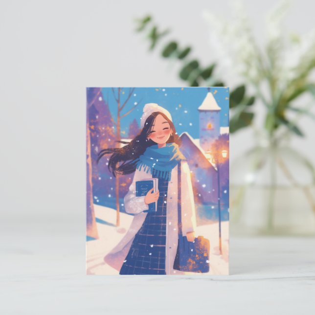 Beautiful Girl Walking on Winter Street Holiday Postcard (Standing Front)