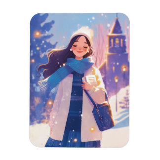 Beautiful Girl Walking on Winter Street Magnet