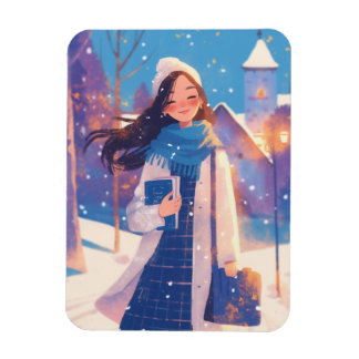 Beautiful Girl Walking on Winter Street Magnet