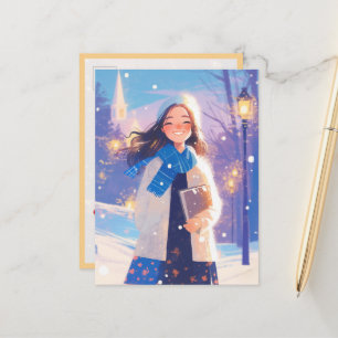 Beautiful Girl Walking on Winter Street Postcard