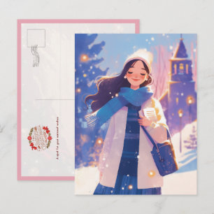 Beautiful Girl Walking on Winter Street Postcard