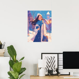 Beautiful Girl Walking on Winter Street Poster