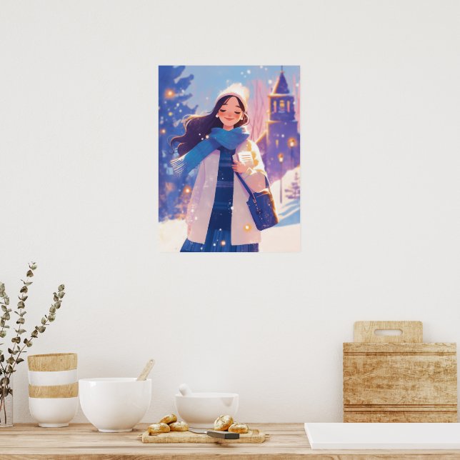 Beautiful Girl Walking on Winter Street Poster (Kitchen)