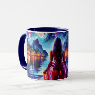 Beautiful girl watching glowing night water mug
