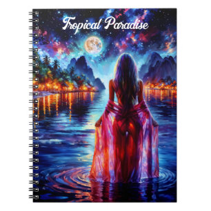 Beautiful girl watching glowing night water notebook