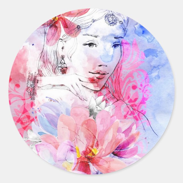 Beautiful girl with a bouquet of flowers classic round sticker (Front)