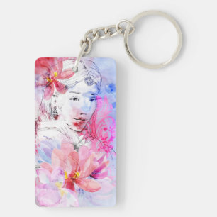 Beautiful girl with a bouquet of flowers key ring