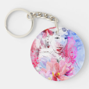 Beautiful girl with a bouquet of flowers key ring
