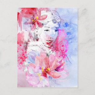 Beautiful girl with a bouquet of flowers postcard