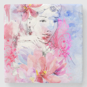 Beautiful girl with a bouquet of flowers stone coaster