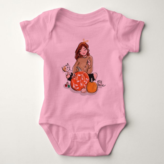 Beautiful Girl with Brown Hair Colouring Pumpkins Baby Bodysuit (Front)