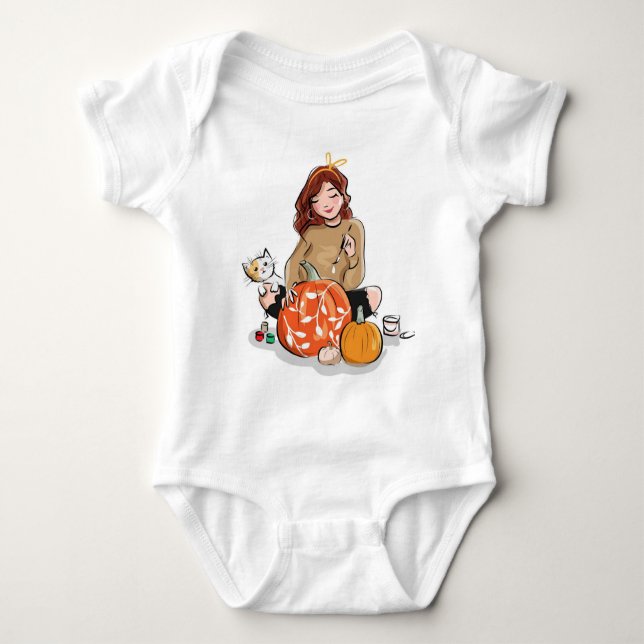 Beautiful Girl with Brown Hair Colouring Pumpkins Baby Bodysuit (Front)