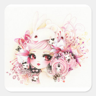 Beautiful girl with cute bunnies square sticker