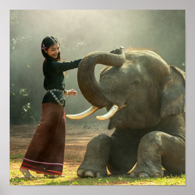 Beautiful Girl with her Elephant Photograph Poster (Front)