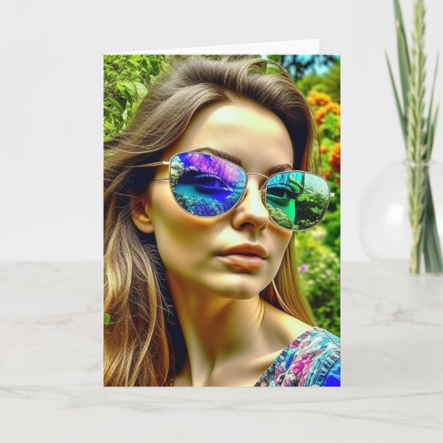 Beautiful Girl with Sunglasses Reflection Flowers Card (Front)