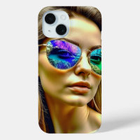 Beautiful Girl with Sunglasses Reflection Flowers