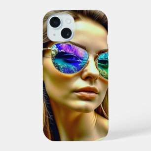 Beautiful Girl with Sunglasses Reflection Flowers iPhone 15 Case