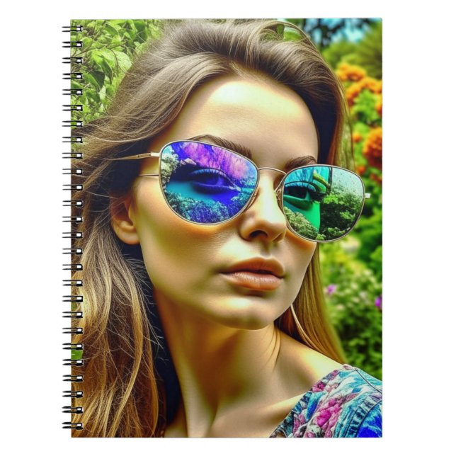 Beautiful Girl with Sunglasses Reflection Flowers Notebook (Front)