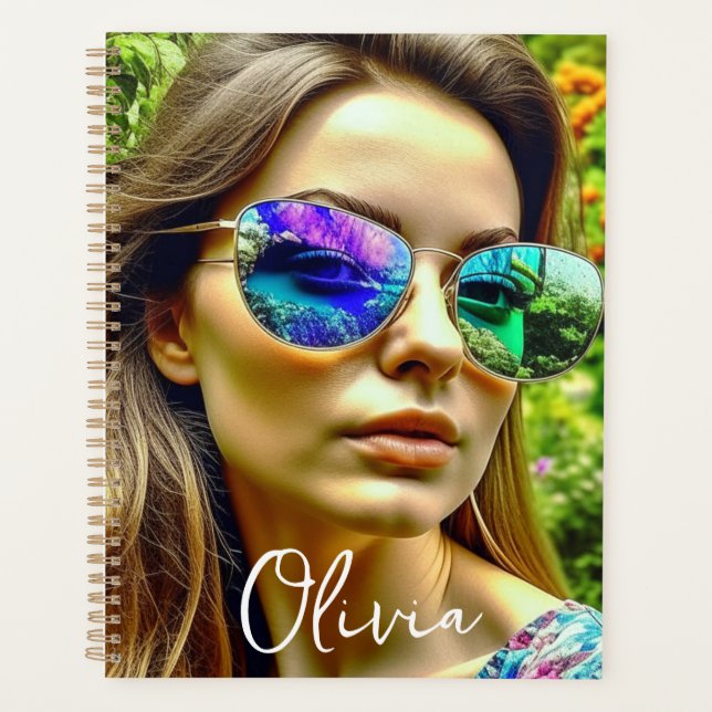 Beautiful Girl with Sunglasses Reflection Flowers Planner (Front)