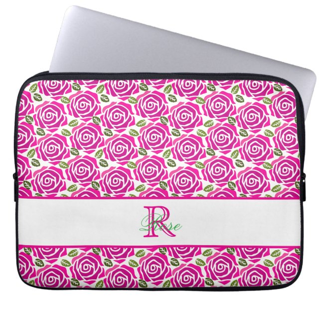 Beautiful Girly Hot Pink Roses Name Monogram  Laptop Sleeve (Front)