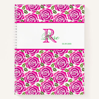 Beautiful Girly Hot Pink Roses Name Monogram  Notebook