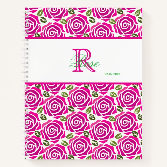 Beautiful Girly Hot Pink Roses Name Monogram  Notebook (Front)