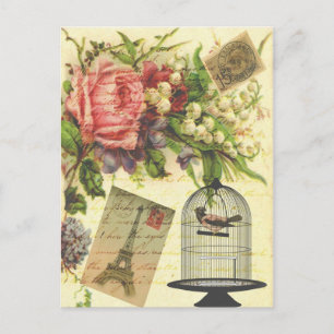 Beautiful girly vintage roses flowers Eiffel Tower Postcard