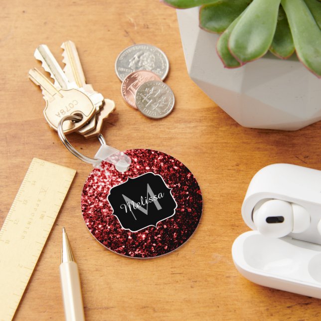 Beautiful Glamour Red Glitter sparkles Monogram Key Ring (Desk)