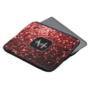 Beautiful Glamour Red Glitter sparkles Monogram Laptop Sleeve