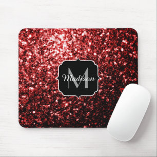 Beautiful Glamour Red Glitter sparkles Monogram Mouse Pad