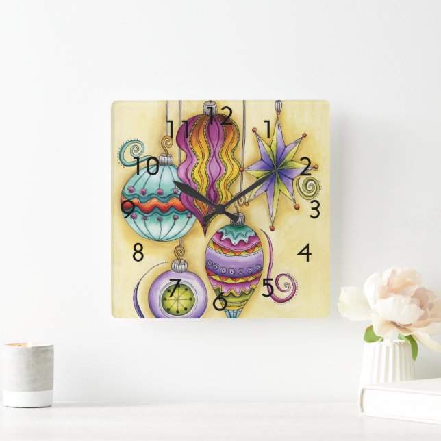 Beautiful Glass Colourful Christmas Ornaments Square Wall Clock (Home)