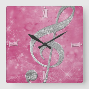 Beautiful glittery effect silver treble clef square wall clock
