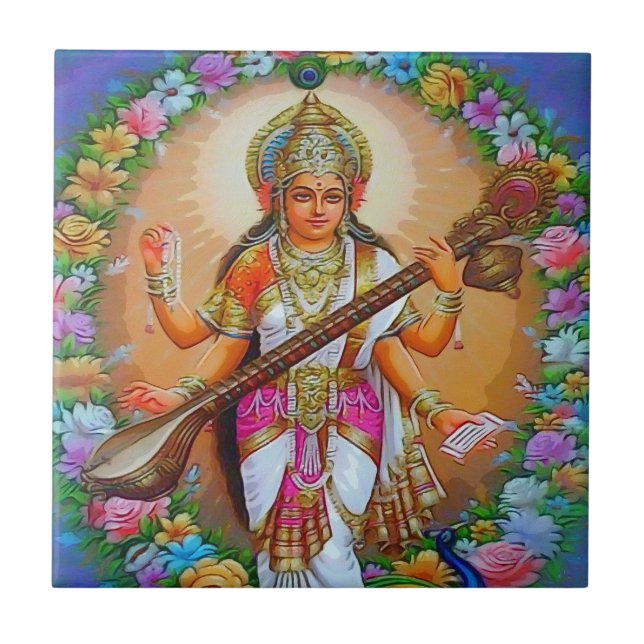 Beautiful Goddess Saraswati Ceramic Tile (Front)