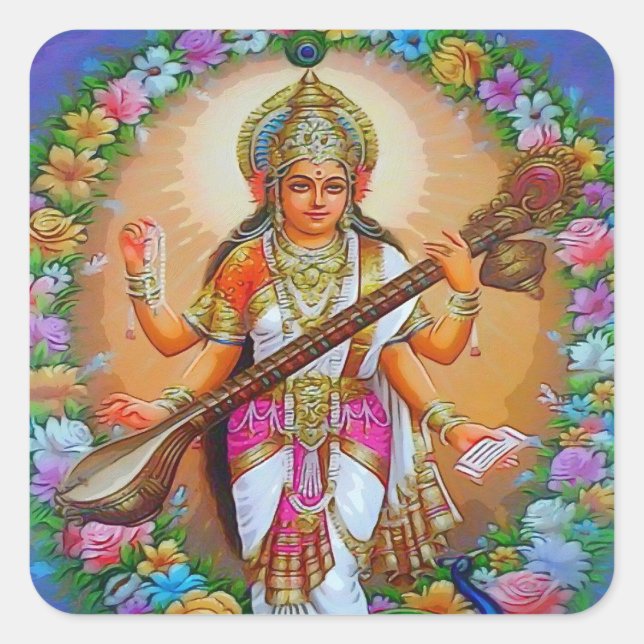 Beautiful Goddess Saraswati Square Sticker (Front)