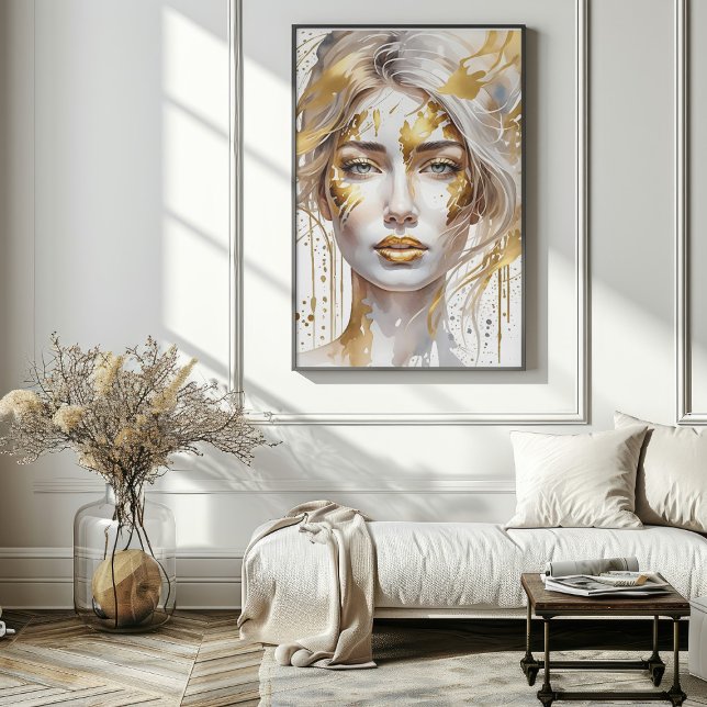 Beautiful Gold Abstract Watercolor Woman Poster (Beautiful Gold Abstract Watercolor Woman Poster in room)