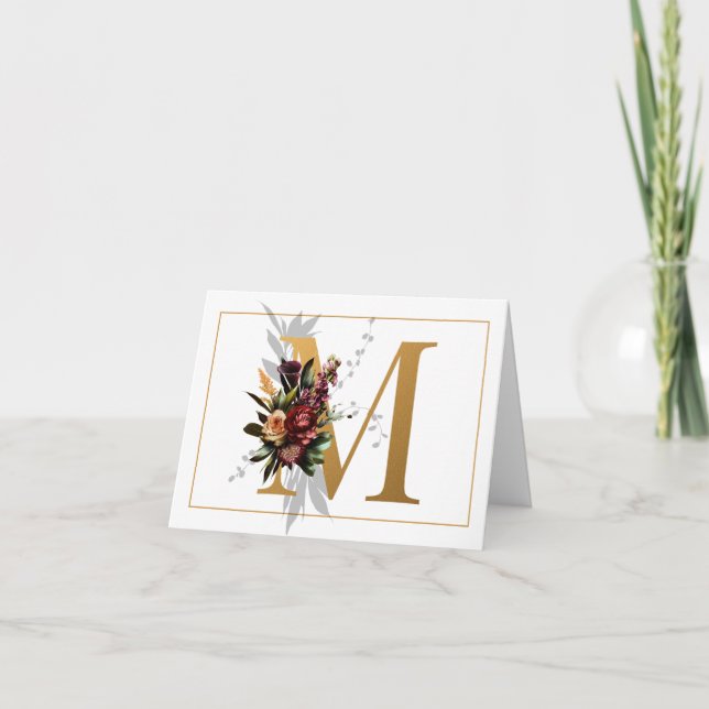 BEAUTIFUL GOLD AND FLORAL MONOGRAM M NOTE CARD (Front)