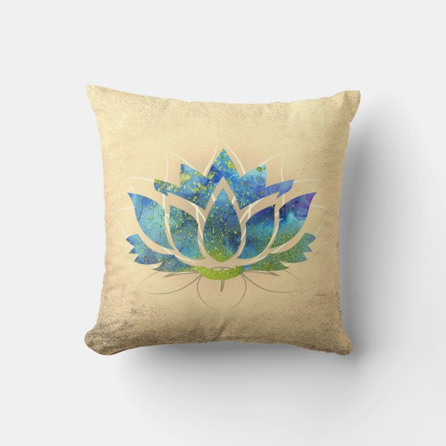 Beautiful Gold Blue Lotus , Zen  Cushion (Front)
