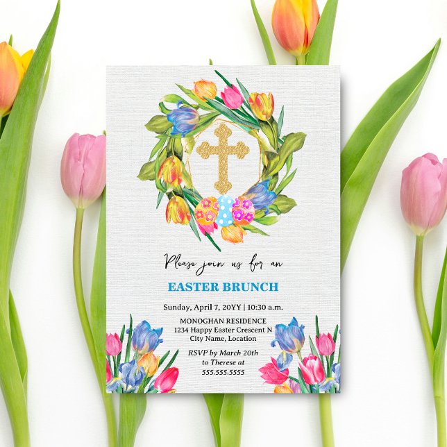 Beautiful Gold Cross Easter Eggs Tulips Invitation (Beautiful gold cross, tulip wreath and Easter Eggs brunch invitation front view.)