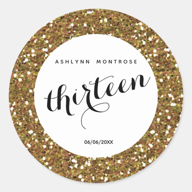 Beautiful Gold Glitter 13th Birthday Classic Round Sticker (Front)